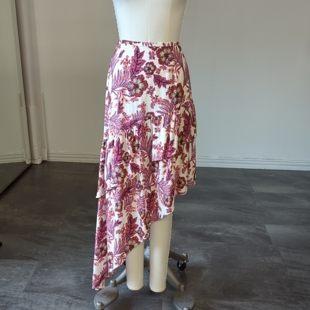 New Lini Megan Floral Asymmetrical Midi Skirt White Red S resort boho chic